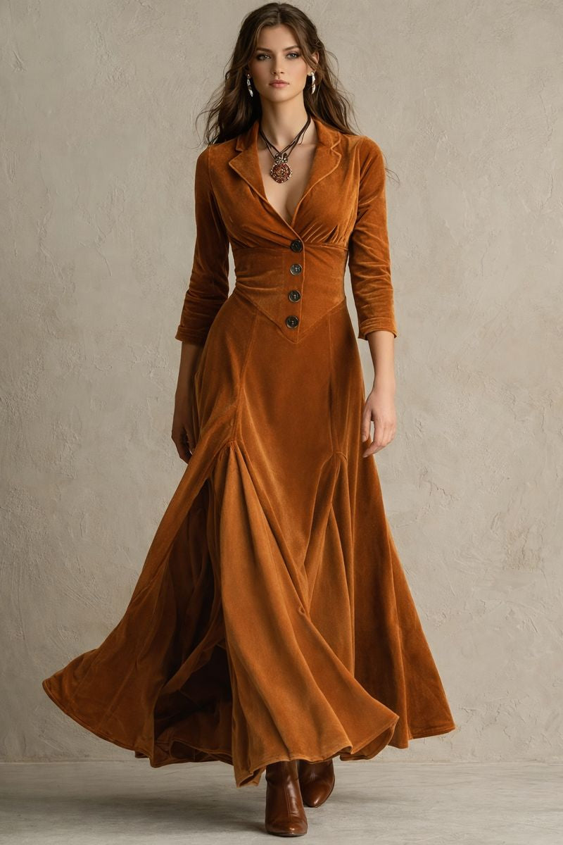 Fiona - Vestido largo de terciopelo con cuello de traje retro elegante marrón