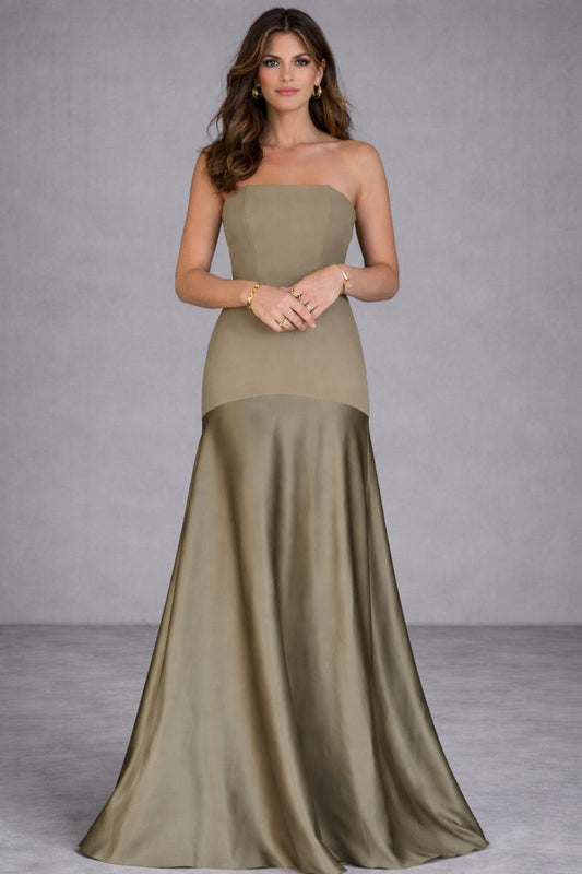 Maitena - Vestido largo sin tirantes con falda de satén