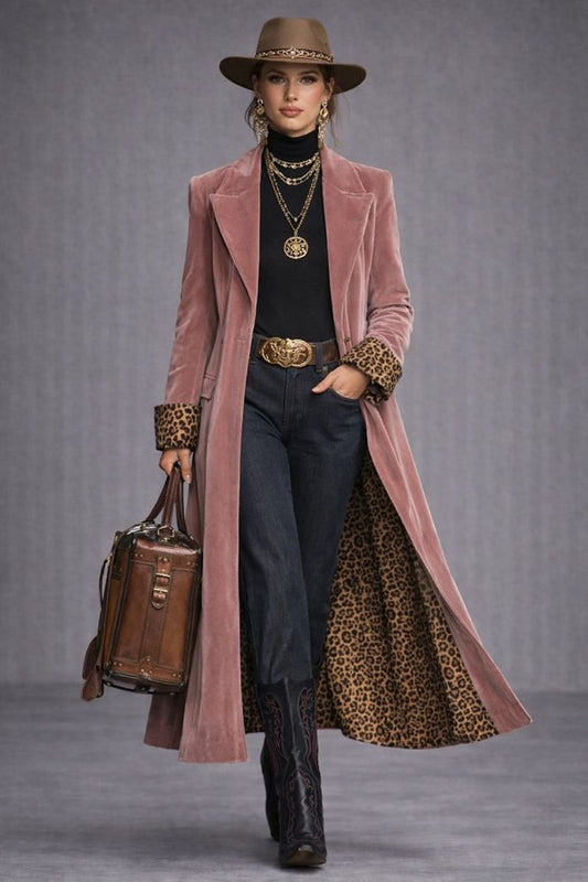 Leire – Abrigo de terciopelo con solapa y estampado de leopardo