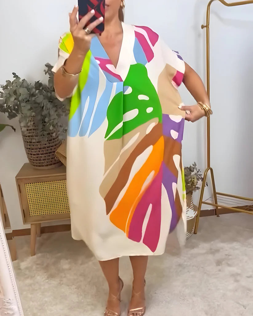 Rosa™ vestido fluido con estampado tropical y escote en pico