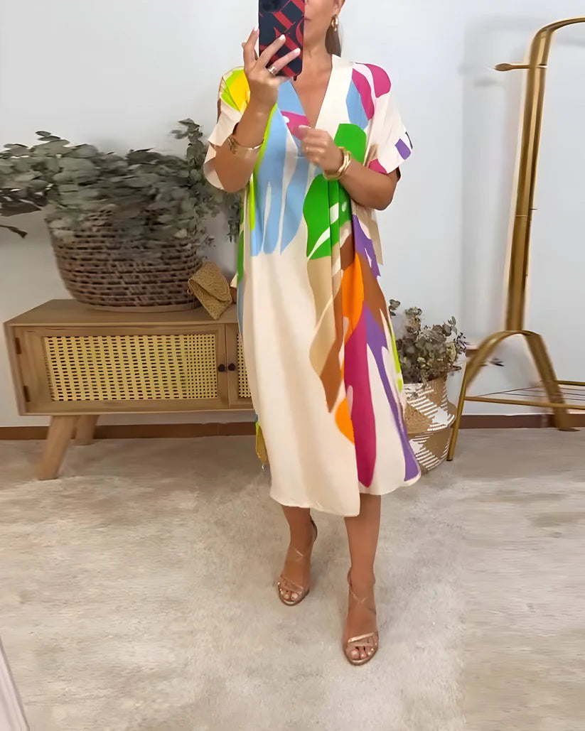 Rosa™ vestido fluido con estampado tropical y escote en pico