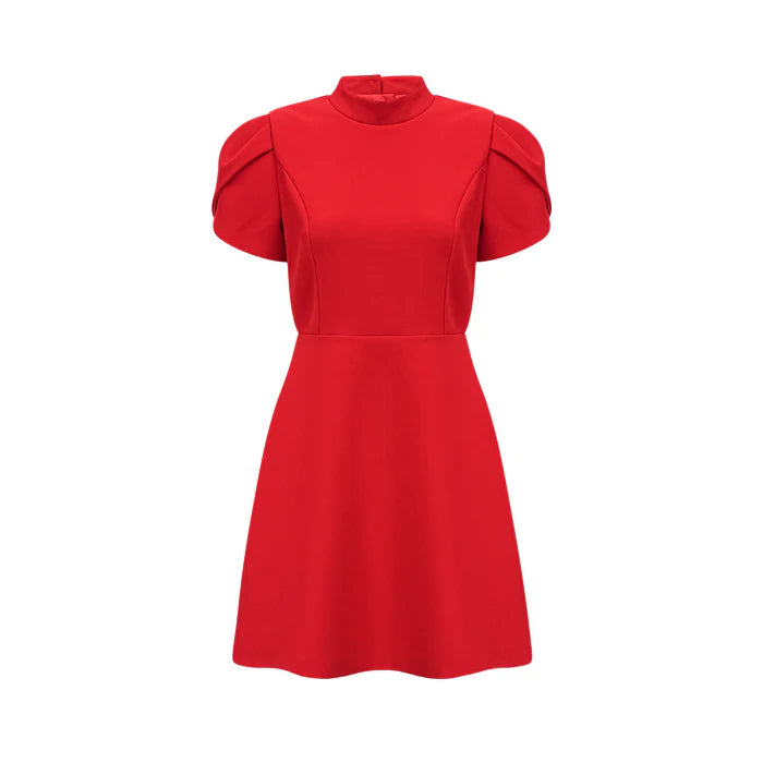 Ana – Vestido mini rojo con mangas pétalo y lazo