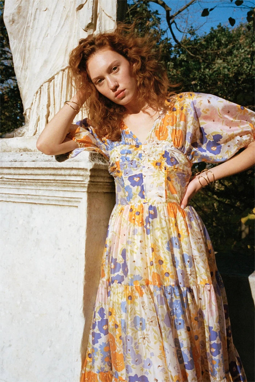 Cristina - Vestido maxi floral con manga abullonada