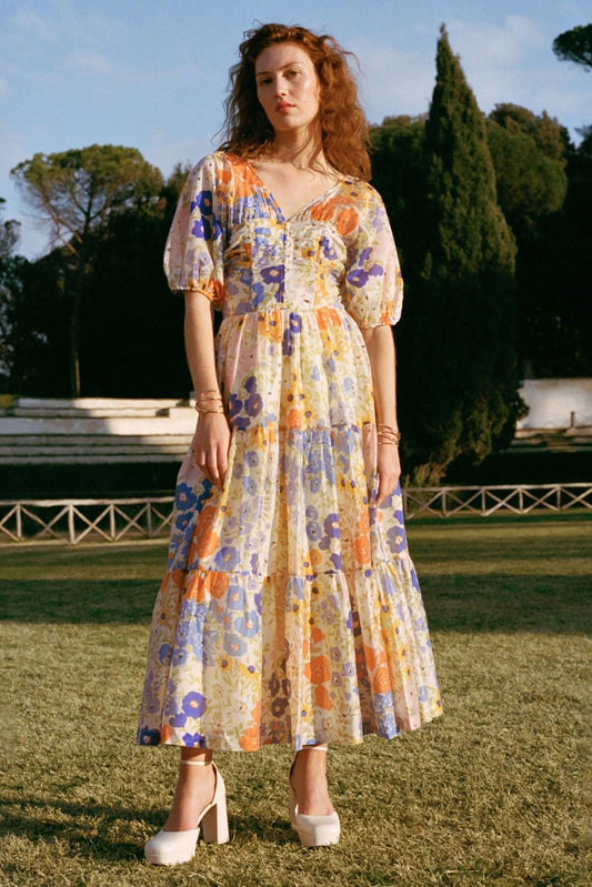 Cristina - Vestido maxi floral con manga abullonada