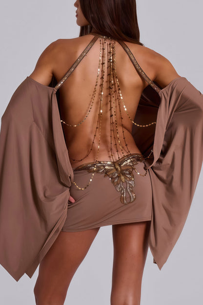 Jimena – Vestido mini marrón con detalles joya