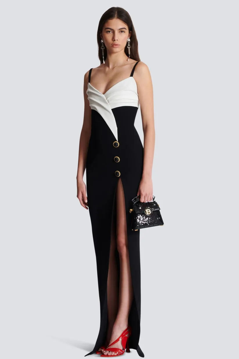 Petra – Vestido maxi bicolor con botones y abertura alta