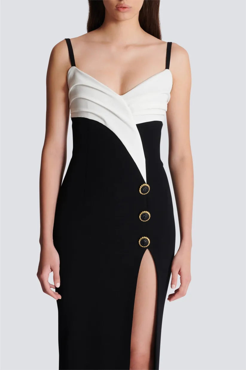 Petra – Vestido maxi bicolor con botones y abertura alta