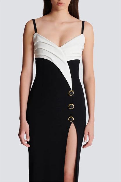 Petra – Vestido maxi bicolor con botones y abertura alta