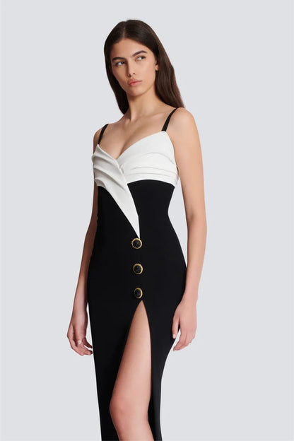 Petra – Vestido maxi bicolor con botones y abertura alta