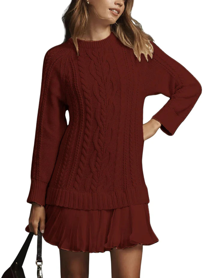 Olga - Jersey de cuello redondo con punto trenzado y minifalda
