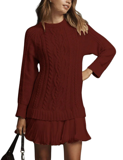 Olga - Jersey de cuello redondo con punto trenzado y minifalda