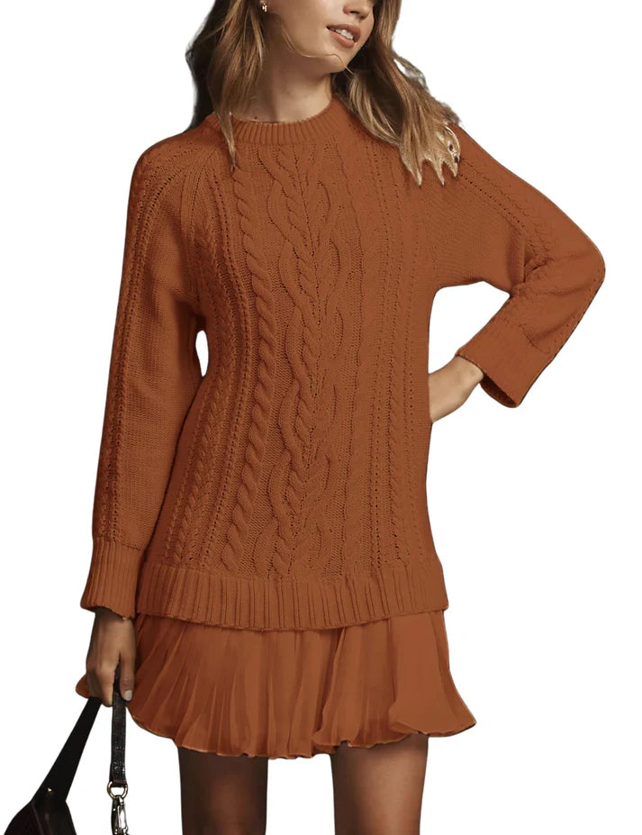 Olga - Jersey de cuello redondo con punto trenzado y minifalda