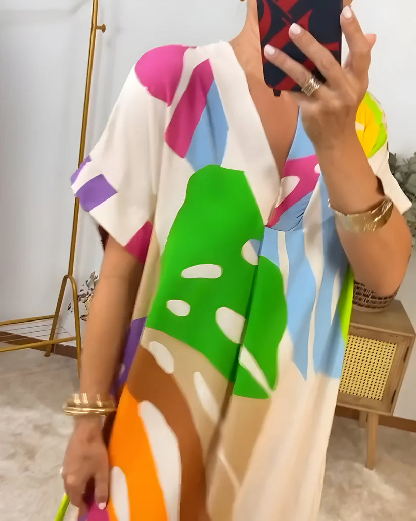 Rosa™ vestido fluido con estampado tropical y escote en pico