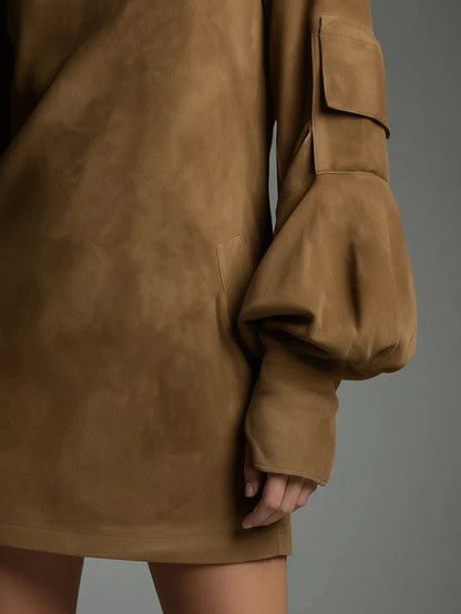 Mariela - Minivestido vintage de ante con cuello alto