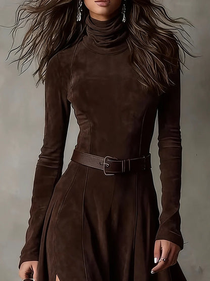 Iris - Vestido largo de ante sintético con cuello alto y abertura