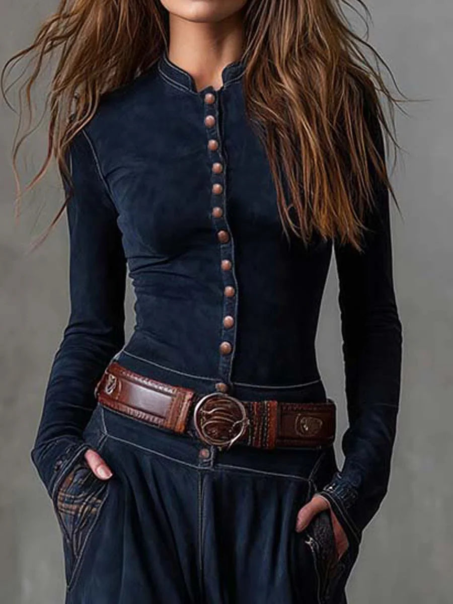 Leandra - Vestido largo vintage de ante con estampado de cuadros