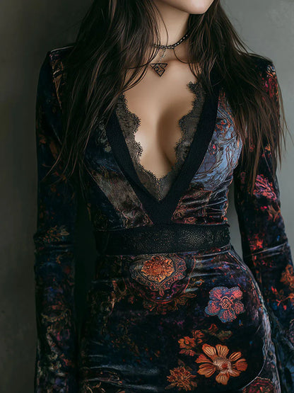 Estefanía - Vestido mini de terciopelo con encaje y estampado floral