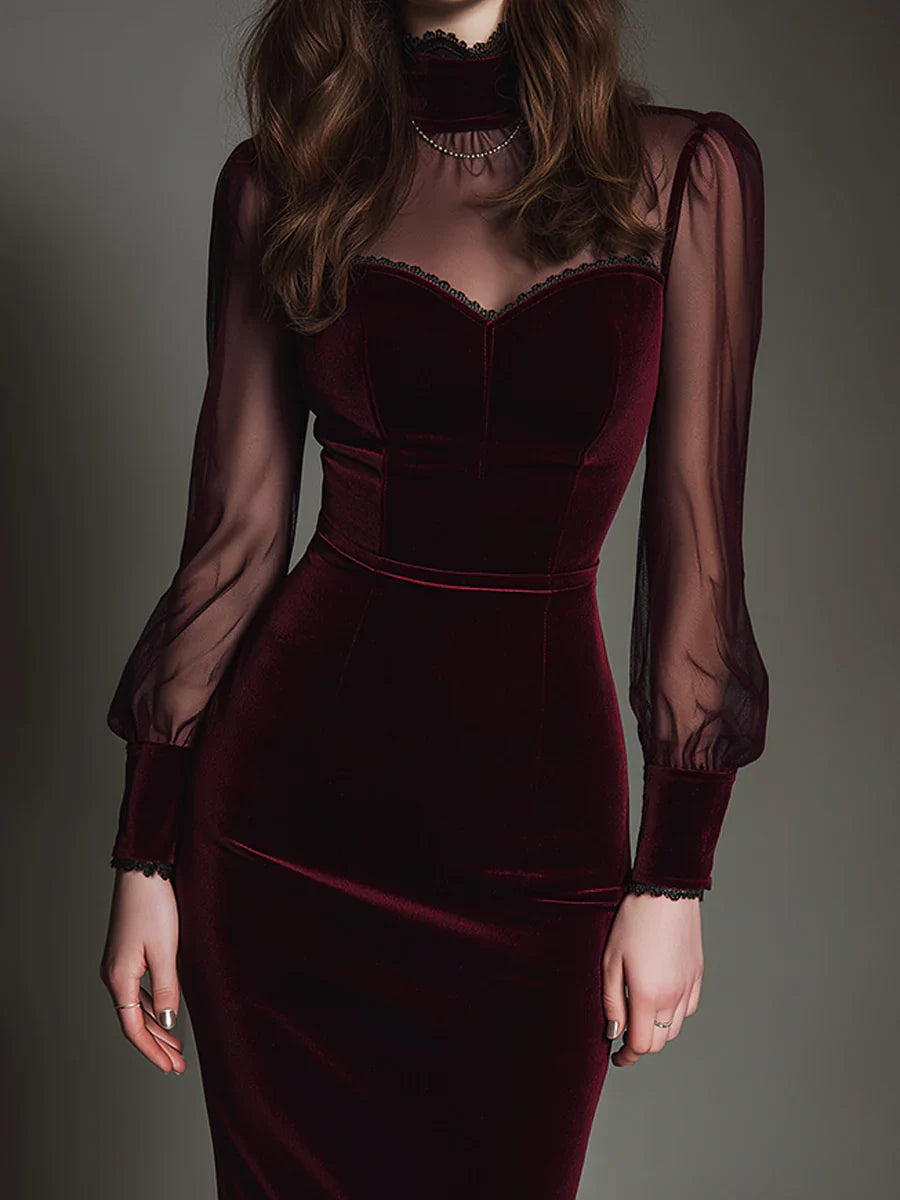 Carlota – Vestido midi con escote corazón y terciopelo burdeos