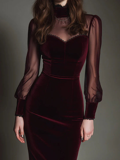 Carlota – Vestido midi con escote corazón y terciopelo burdeos