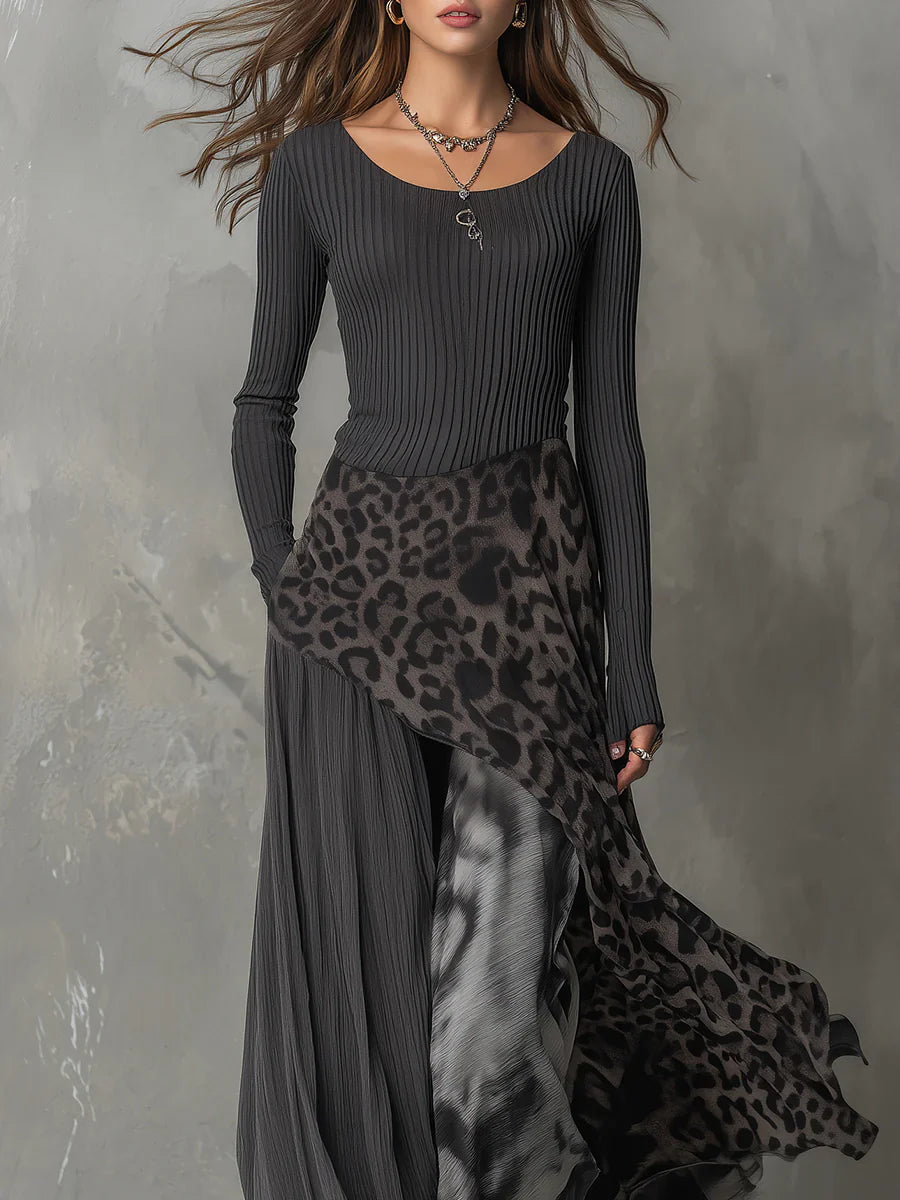 Amaya – Vestido largo de leopardo con rayas grises