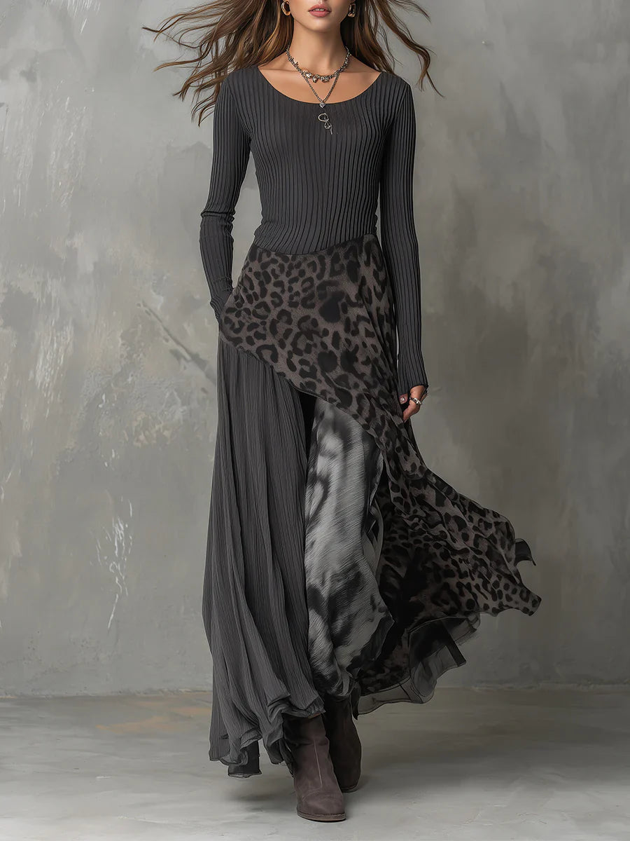 Amaya – Vestido largo de leopardo con rayas grises