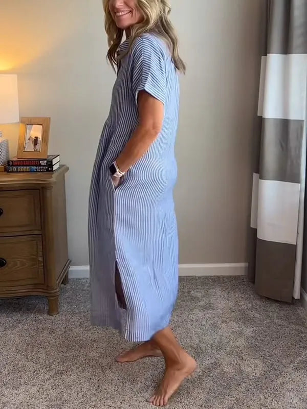 Sara™ – Vestido camisero de rayas con corte relajado y bolsillos laterales