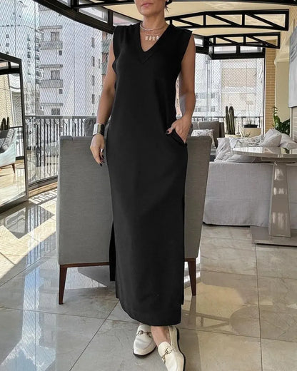 Olga – Vestido largo sin mangas con escote en pico y bolsillos