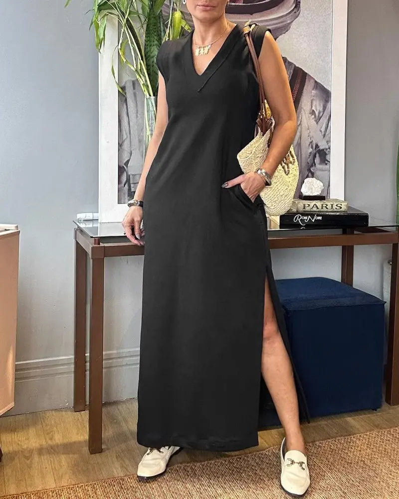 Olga – Vestido largo sin mangas con escote en pico y bolsillos
