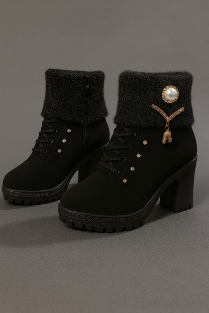 Tania - Botas de tacón grueso con detalle cálido y decorativo