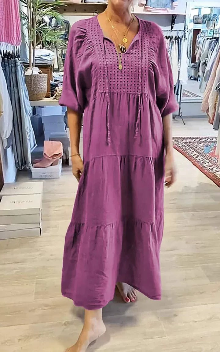 Leonor - Vestido largo con bordado calado y mangas abullonadas