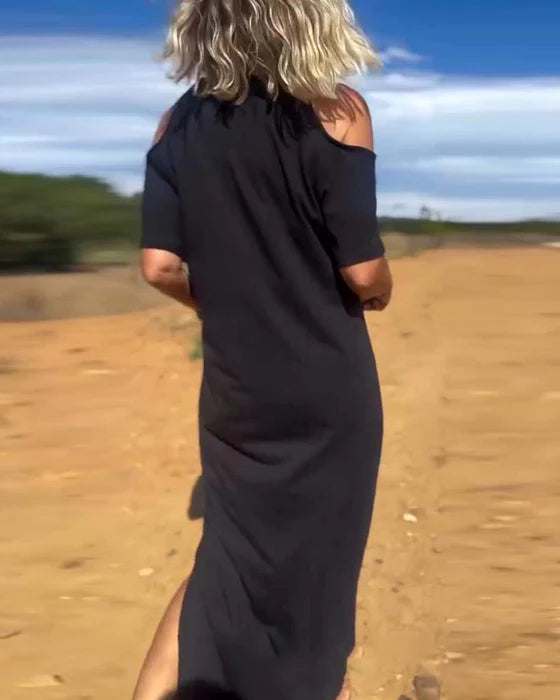 Elena – Vestido largo con hombros al descubierto y corte relajado