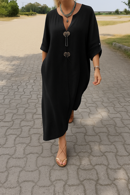 Clara™ Vestido largo fluido con lazos decorativos, mangas 3/4 y bolsillos