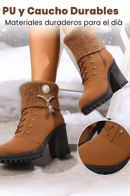 Tania - Botas de tacón grueso con detalle cálido y decorativo