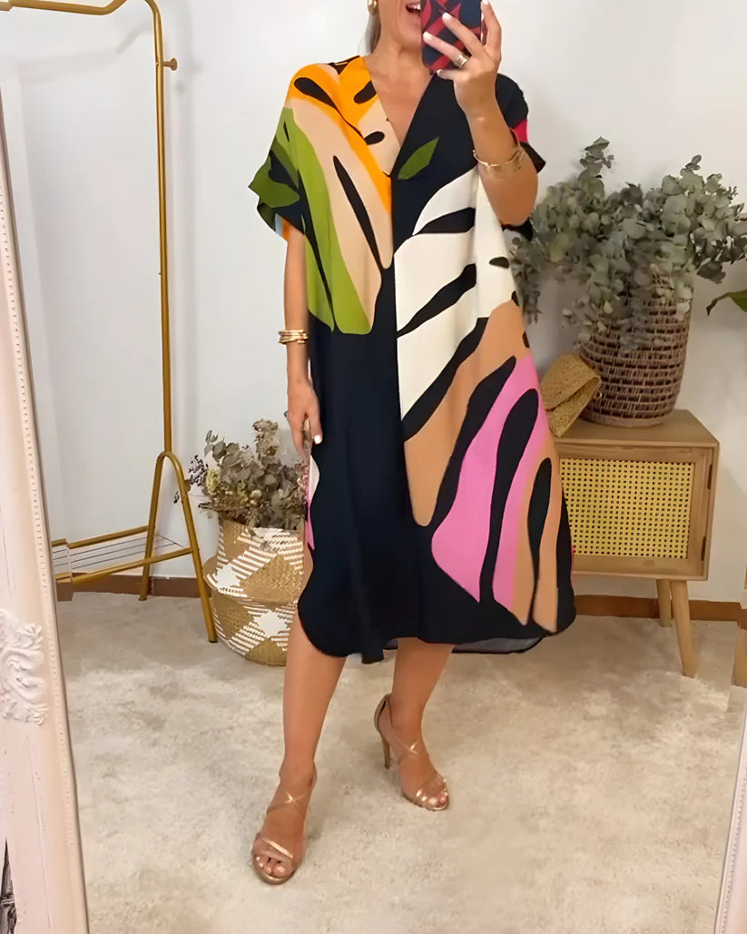 Rosa™ vestido fluido con estampado tropical y escote en pico