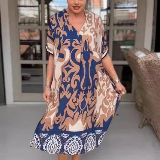 Paula/ Vestido midi holgado con cuello en V estampado