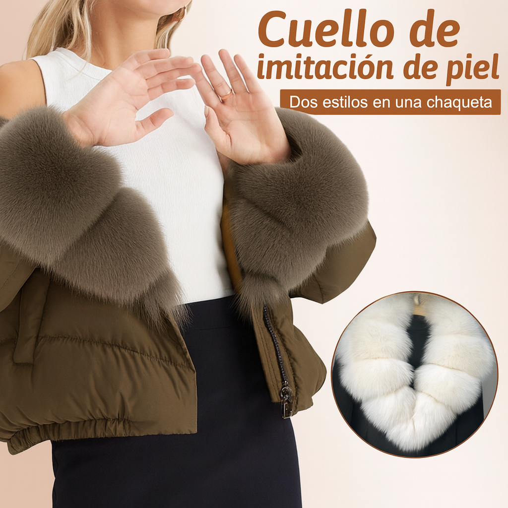 Victoria - Chaqueta corta moderna y cálida con cuello de piel sintética (relleno de plumón de pato blanco)