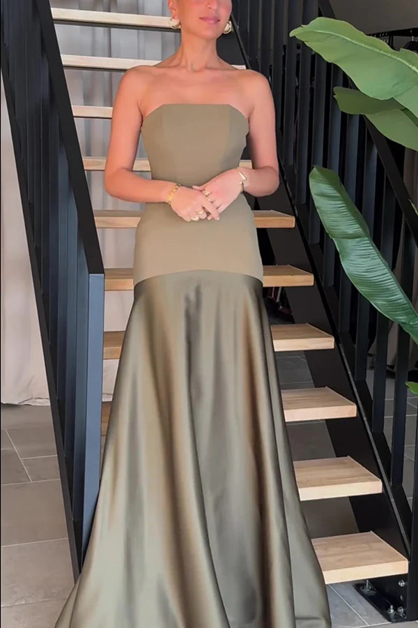 Maitena - Vestido largo sin tirantes con falda de satén