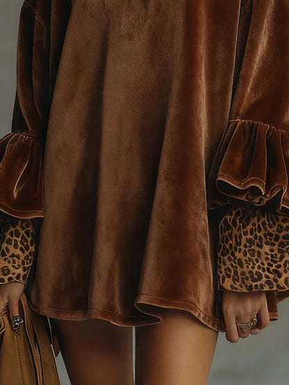 Isabella - Minivestido de terciopelo con puños y mangas con volantes de leopardo
