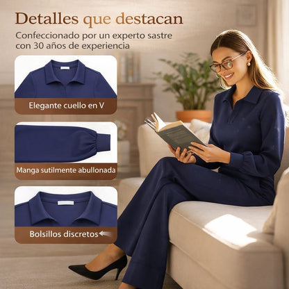 Isabel – Traje de mujer con blusa de solapa y pantalón ancho