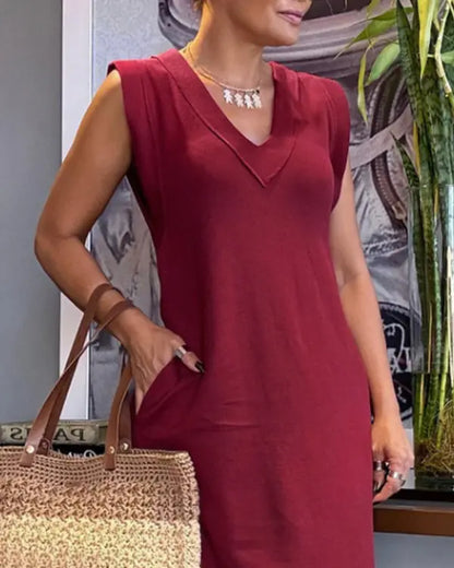 Olga – Vestido largo sin mangas con escote en pico y bolsillos