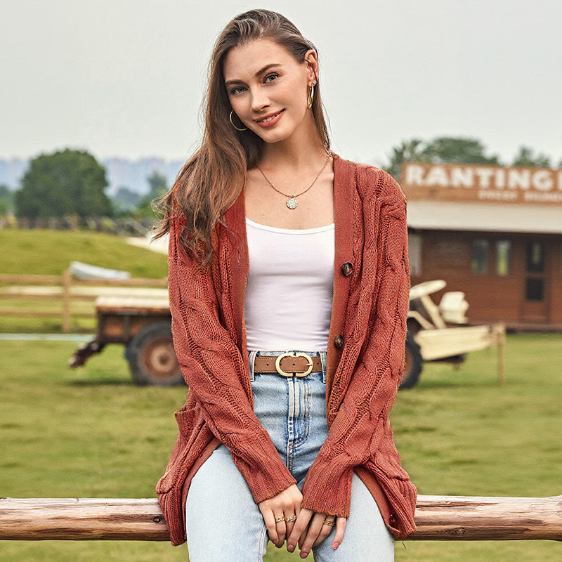 Catalina - Chaleco de otoño casual de manga larga con abrochado delantero y trenzado de punto