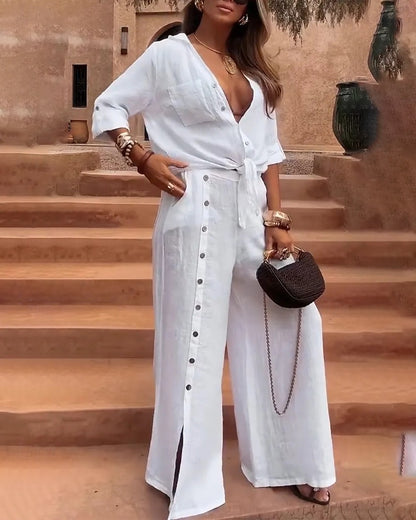 SABANA – Elegante conjunto Bohemio de Camisa y Pantalón con Botones