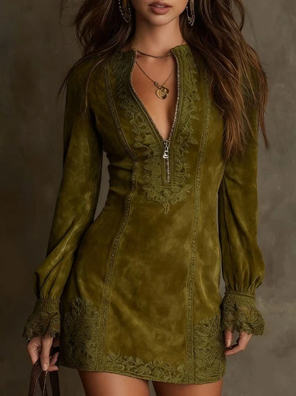 Bruna - Minivestido vintage de ante con ribete de encaje