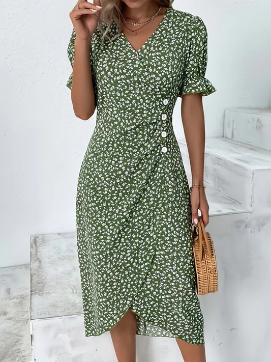 Ada - Vestido cruzado de flores con botones laterales