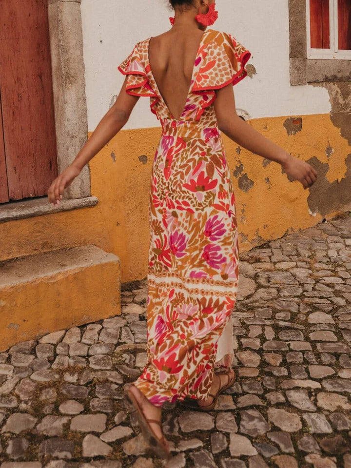 Olivia™ Vestido largo con estampado floral y escote en V