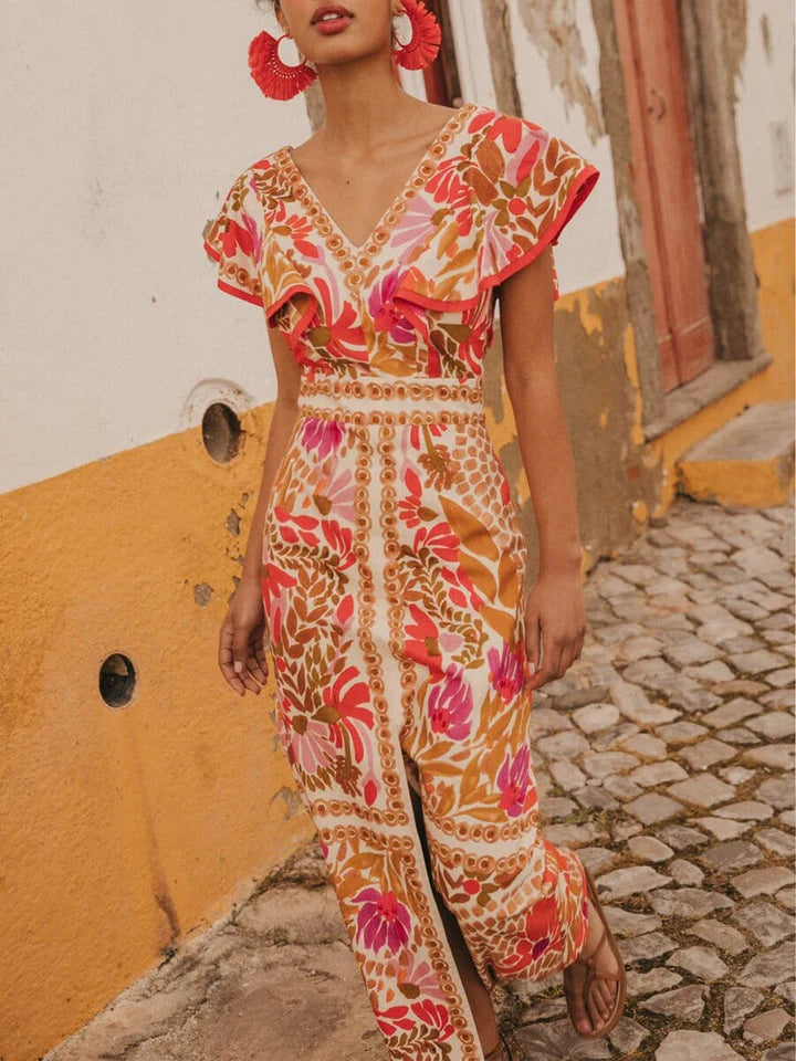 Olivia™ Vestido largo con estampado floral y escote en V