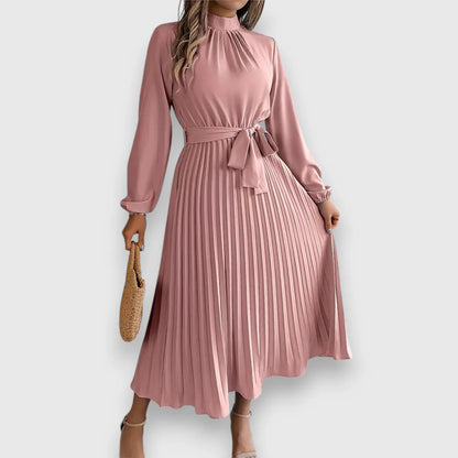 Valeria™ – Vestido midi plisado con lazo y cuello alto