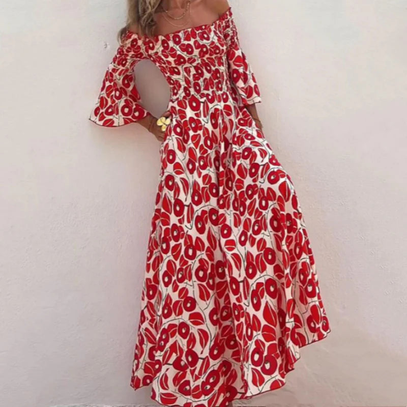 Martina™ Vestido largo con estampado floral, hombros descubiertos y mangas acampanadas