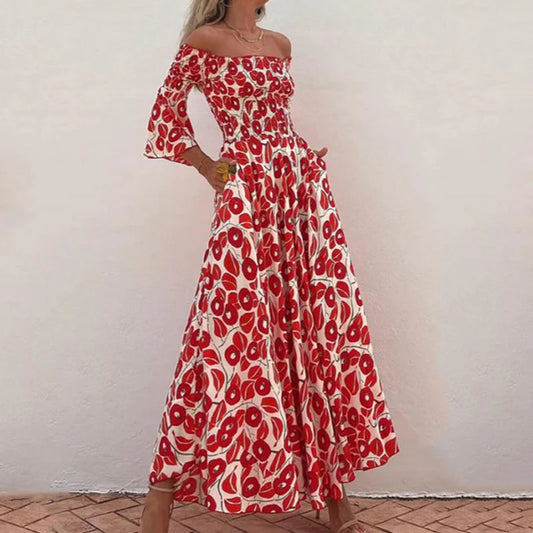 Martina™ Vestido largo con estampado floral, hombros descubiertos y mangas acampanadas