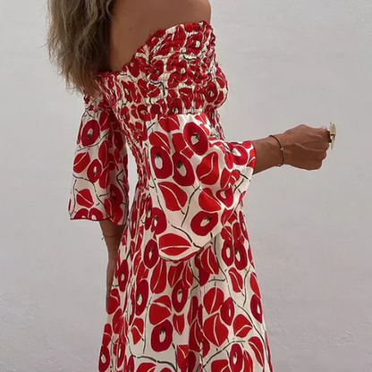 Martina™ Vestido largo con estampado floral, hombros descubiertos y mangas acampanadas